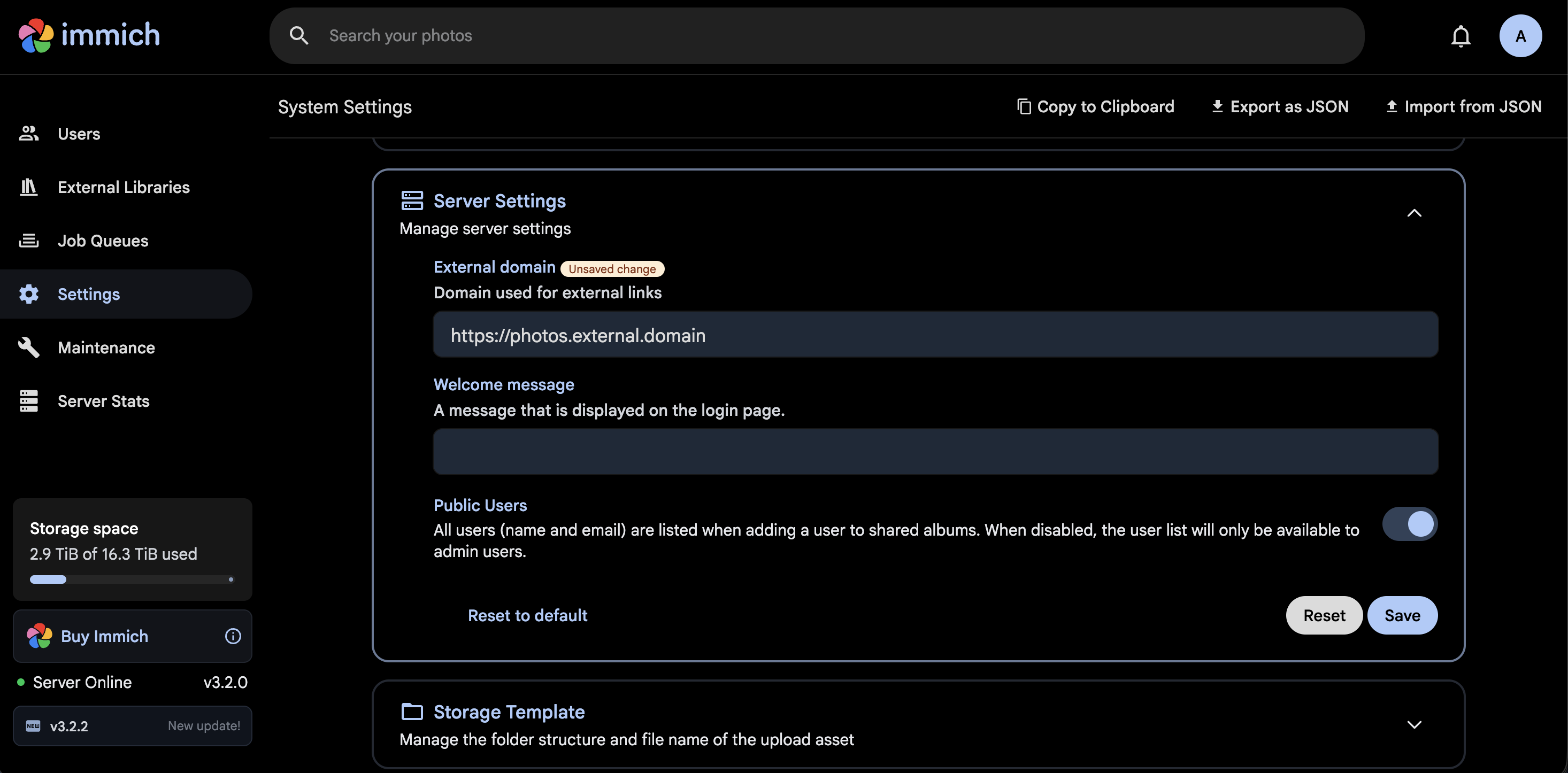 Immich Server Settings